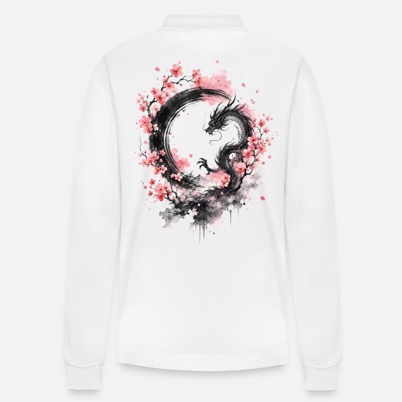 Sakura Dragon Ink Circle - Stanley/Stella Unisex Bio-Langarm-Poloshirt Prepster - Weiß