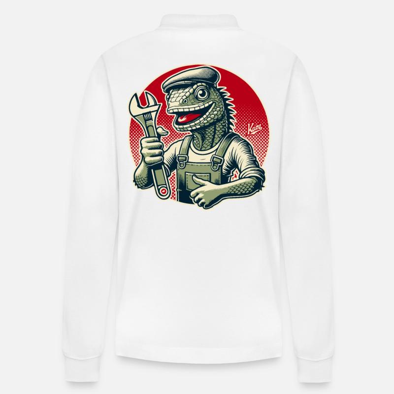 Handwerker-Eidechse mit Schraubenschlüssel - Stanley/Stella Unisex Bio-Langarm-Poloshirt Prepster - Weiß
