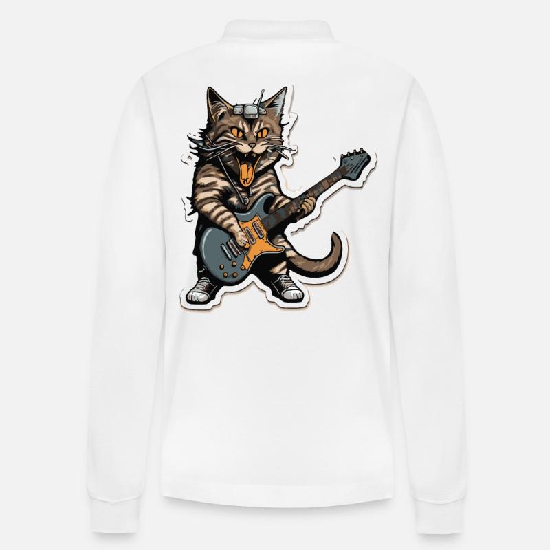 Rock-Gitarrenspieler Katze - Stanley/Stella Unisex Bio-Langarm-Poloshirt Prepster - Weiß