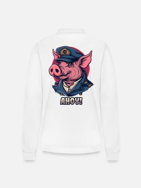 Captain Pig says "Ahoy" - Stanley/Stella Organic Unisex Long-Sleeved Polo Shirt Prepster - white