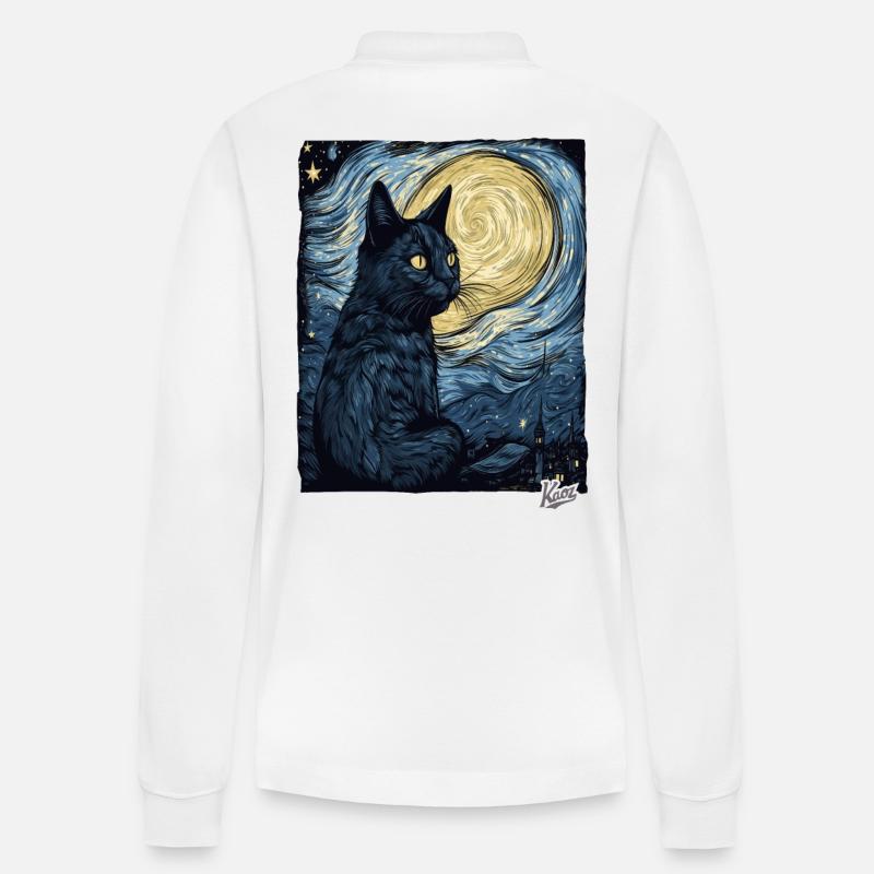 Nuit étoilée et chat noir - Polo à manches longues bio PREPSTER Stanley/Stella Unisexe - blanc