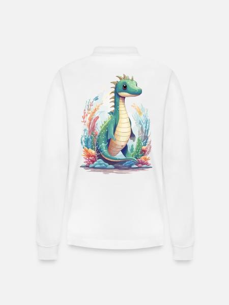 Cute Underwater Dinosaur Cartoon Design - Stanley/Stella Organic Unisex Long-Sleeved Polo Shirt Prepster - white