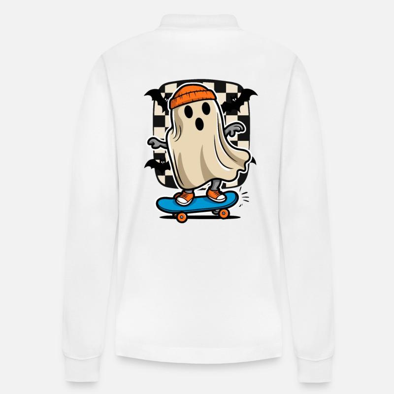 Skateboard Skateboarder Ghost Halloween - Polo à manches longues bio PREPSTER Stanley/Stella Unisexe - blanc