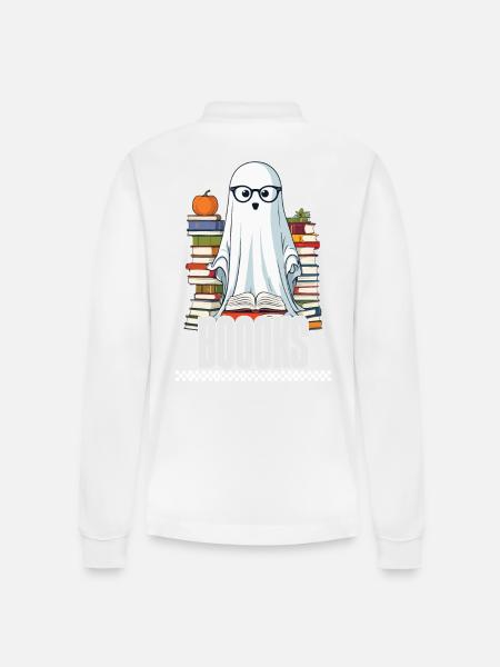 Cute Book Lover Ghost - Stanley/Stella Organic Unisex Long-Sleeved Polo Shirt Prepster - white