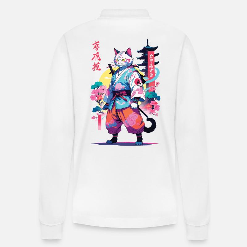 Samurai Katze Vaporwave Aesthetic - Stanley/Stella Unisex Bio-Langarm-Poloshirt Prepster - Weiß