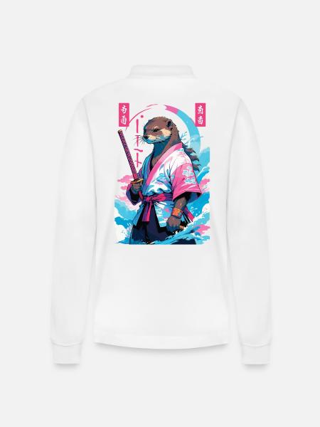 Samurai Otter Aesthetic Vaporwave Asian Style - Stanley/Stella Organic Unisex Long-Sleeved Polo Shirt Prepster - white
