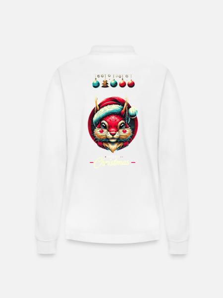 Merry Christmas Squirrel Motif - Stanley/Stella Organic Unisex Long-Sleeved Polo Shirt Prepster - white