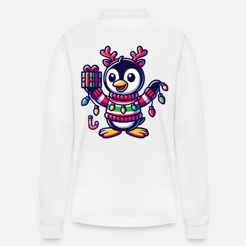 Fröhlicher Pinguin Mit Weihnachtslichtern - Stanley/Stella Unisex Bio-Langarm-Poloshirt Prepster - Weiß