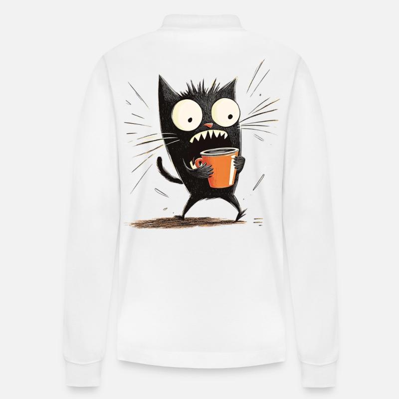 Geschockte Katze mit Kaffee - Cartoon-Stil - Stanley/Stella Unisex Bio-Langarm-Poloshirt Prepster - Weiß