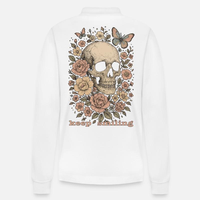 Keep smiling - Totenkopf & Blumen - Stanley/Stella Unisex Bio-Langarm-Poloshirt Prepster - Weiß