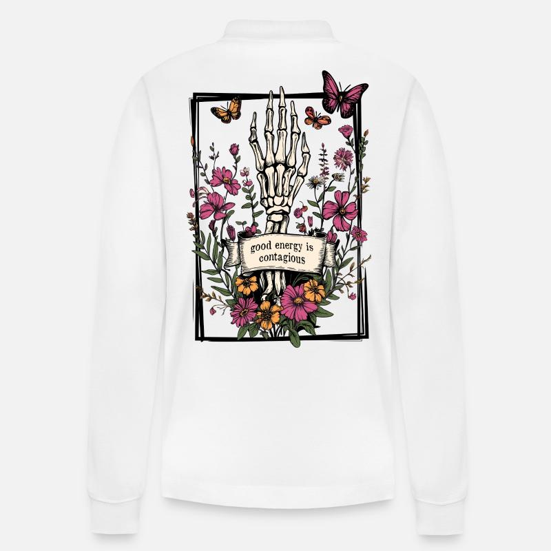Skelett Blumen Schmetterlinge - Stanley/Stella Unisex Bio-Langarm-Poloshirt Prepster - Weiß