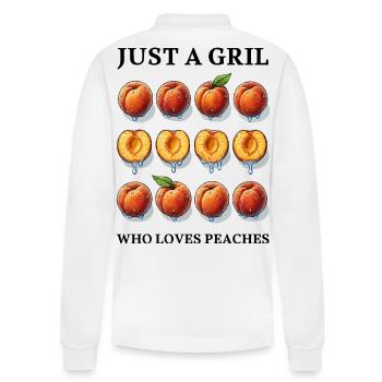 JUST A GIRL WHO LOVES PEACHES - Pfirsich - Stanley/Stella Unisex Bio-Langarm-Poloshirt Prepster - Weiß - Hinten - Anna (173cm)
