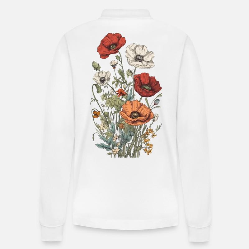 Wunderschönes Boho Mohn Herbarium Bouquet - Stanley/Stella Unisex Bio-Langarm-Poloshirt Prepster - Weiß