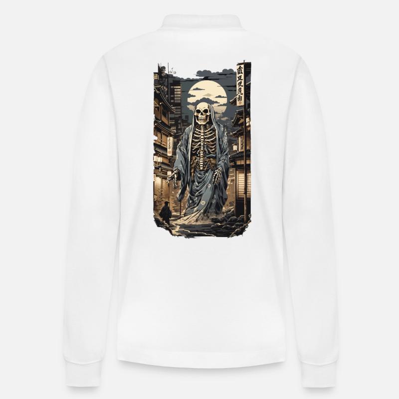 Ukiyo-E Yokai Scheletro Demone Edo Design Vintage - Polo a manica lunga ecologica unisex Prepster di Stanley/Stella - bianco