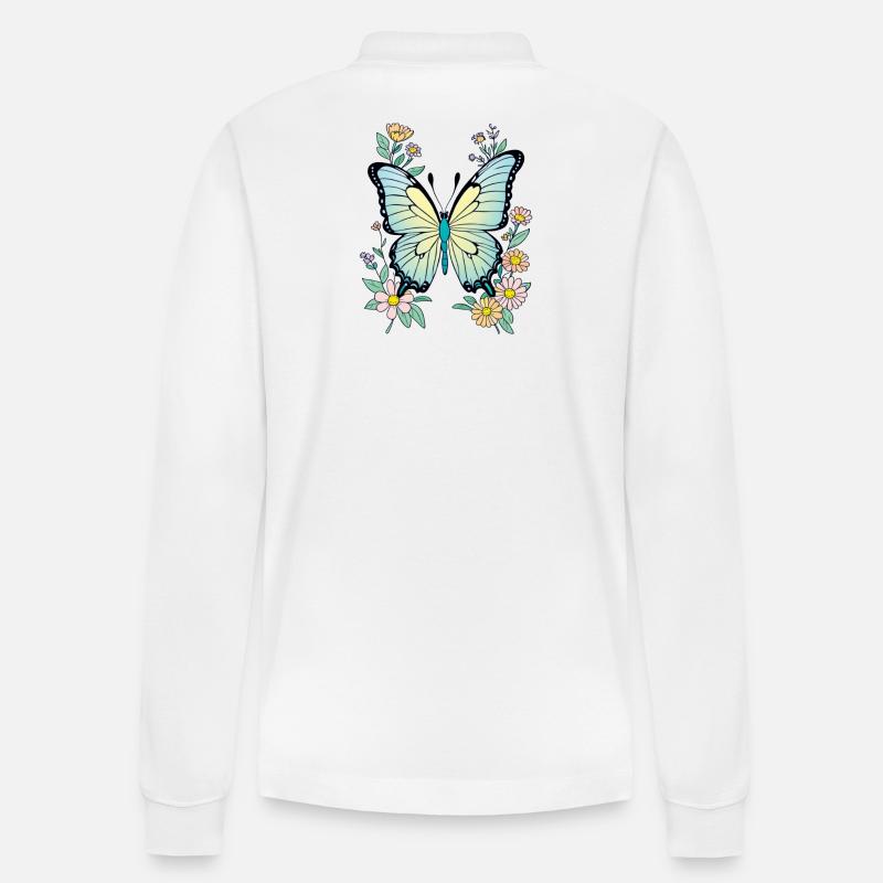 Papillon Bleu Avec Fleurs, Papillon - Polo à manches longues bio PREPSTER Stanley/Stella Unisexe - blanc
