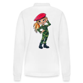 Tarnanzug Army rotes Baret blonde Frau - Stanley/Stella Unisex Bio-Langarm-Poloshirt Prepster - Weiß - Hinten - Anna (173cm)