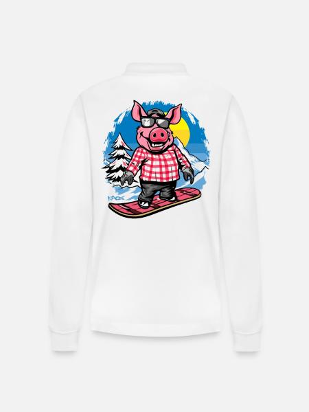 Snowboarden op Snowboard, Snowboarder Pig - Stanley/Stella uniseks bio poloshirt met lange mouwen Prepster - wit