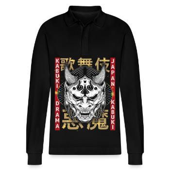 Kabuki Theatre, Kabuki Drama, Kabuki Demon, Japan - Stanley/Stella Organic Unisex Long-Sleeved Polo Shirt Prepster - black - Front - Anna (173cm) & Nico (186cm)