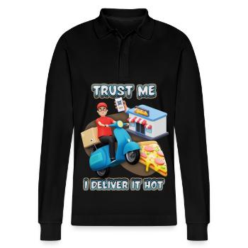 pizza delivery, food delivery, pizza delivery service - Stanley/Stella Organic Unisex Long-Sleeved Polo Shirt Prepster - black - Front - Anna (173cm) & Nico (186cm)