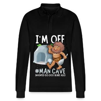 Man Cave, comic Neanderthal, funny saying - Stanley/Stella Organic Unisex Long-Sleeved Polo Shirt Prepster - black - Front - Anna (173cm) & Nico (186cm)