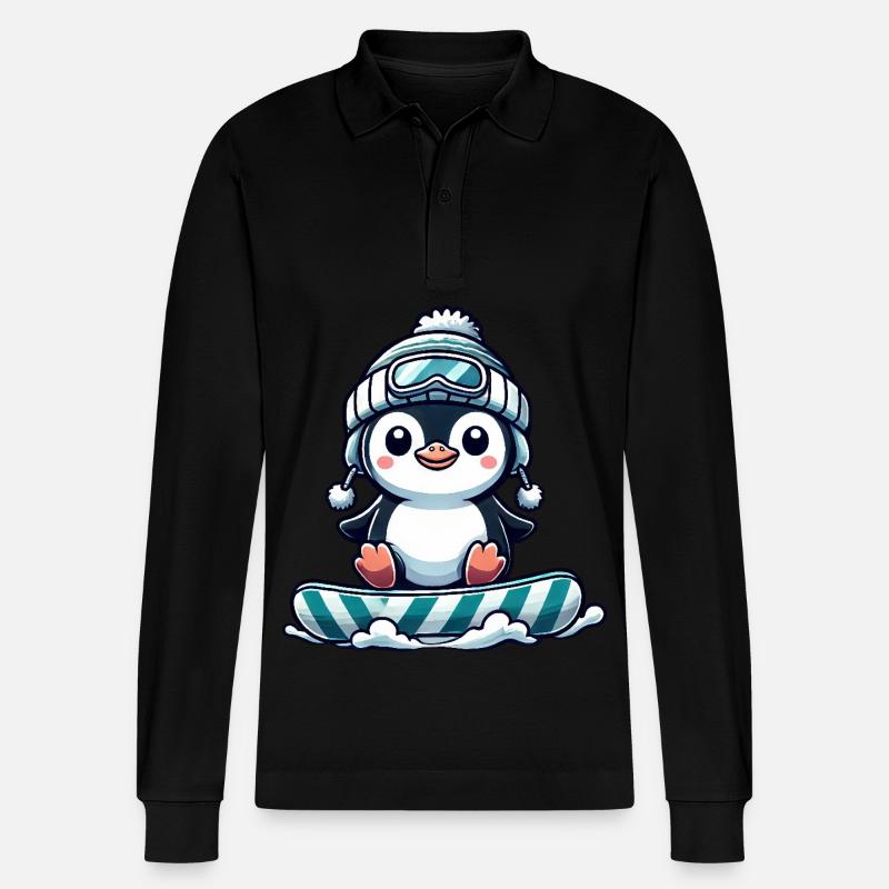 Niedlicher Pinguin beim Snowboarden Winterspaß - Stanley/Stella Unisex Bio-Langarm-Poloshirt Prepster - Schwarz