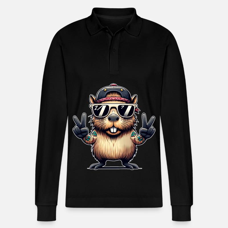 Capybara Peacezeichen - Stanley/Stella Unisex Bio-Langarm-Poloshirt Prepster - Schwarz