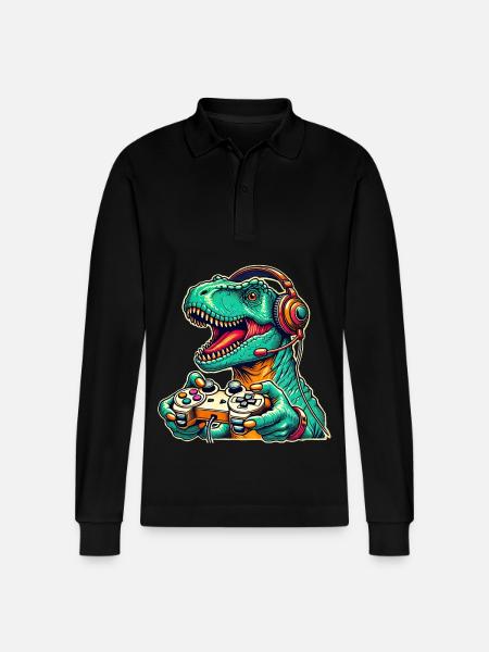 Dinosaur Gaming T Rex - Stanley/Stella Organic Unisex Long-Sleeved Polo Shirt Prepster - black