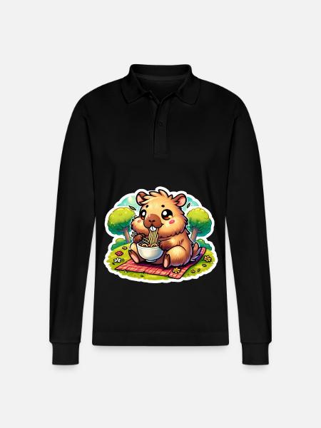 Capybara Ramen Kawaii Anime - Stanley/Stella Organic Unisex Long-Sleeved Polo Shirt Prepster - black