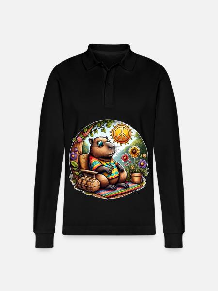 Capybara Hippie Peace - Stanley/Stella Organic Unisex Long-Sleeved Polo Shirt Prepster - black