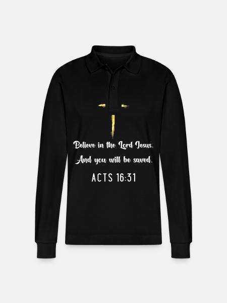 Kruis van het Geloof: Handelingen 16:31 Citeer Tee - Stanley/Stella uniseks bio poloshirt met lange mouwen Prepster - zwart