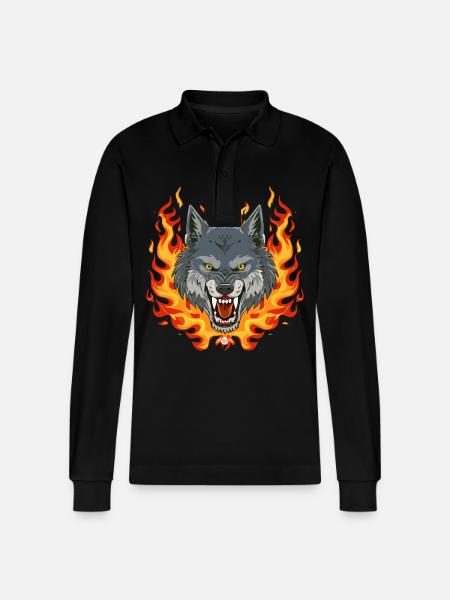 02 Wolf Fire Flames - Stanley/Stella Organic Unisex Long-Sleeved Polo Shirt Prepster - black