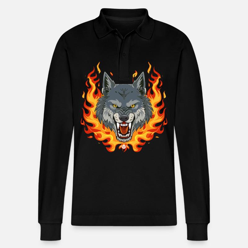 02 Wolf Feuer Flammen - Stanley/Stella Unisex Bio-Langarm-Poloshirt Prepster - Schwarz