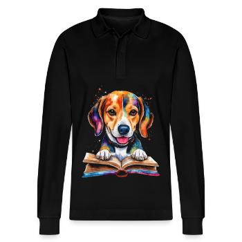 Beagle Reading Book Dog Funny Animal Design Print - Stanley/Stella Organic Unisex Long-Sleeved Polo Shirt Prepster - black - Front - Anna (173cm) & Nico (186cm)