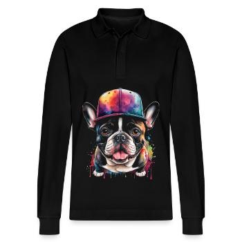 French Bulldog Snapback Cap Frenchie Dog - Stanley/Stella Organic Unisex Long-Sleeved Polo Shirt Prepster - black - Front - Anna (173cm) & Nico (186cm)