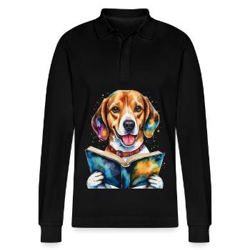 Beagle Reading Book Dog Funny Animal Design Print - Stanley/Stella Organic Unisex Long-Sleeved Polo Shirt Prepster - black - Front - Anna (173cm) & Nico (186cm)