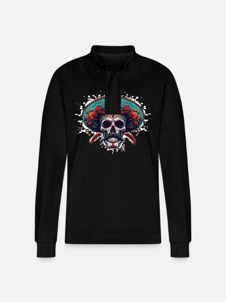 Mexican Skull - Stanley/Stella Organic Unisex Long-Sleeved Polo Shirt Prepster - black