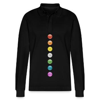 Button Buttons Rainbow 7 Dots Funny Button Row - Stanley/Stella Organic Unisex Long-Sleeved Polo Shirt Prepster - black - Front - Anna (173cm) & Nico (186cm)