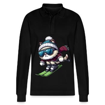 Cat Ski Skis Winter Vacation Winter Sports - Stanley/Stella Organic Unisex Long-Sleeved Polo Shirt Prepster - black - Front - Anna (173cm) & Nico (186cm)