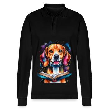 Beagle Reading Book Dog Funny Animal Design Print - Stanley/Stella Organic Unisex Long-Sleeved Polo Shirt Prepster - black - Front - Anna (173cm) & Nico (186cm)
