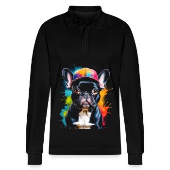 French Bulldog Snapback Cap Frenchie Dog - Stanley/Stella Organic Unisex Long-Sleeved Polo Shirt Prepster - black - Front - Anna (173cm) & Nico (186cm)