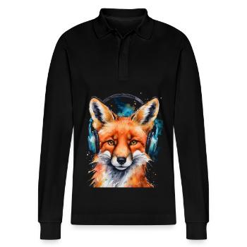 Fuchs Kopfhörer Musik Bunt Tier Design Print - Stanley/Stella Unisex Bio-Langarm-Poloshirt Prepster - Schwarz - Vorne - Anna (173cm) & Nico (186cm)