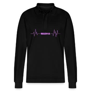 First name Madita - Stanley/Stella Organic Unisex Long-Sleeved Polo Shirt Prepster - black - Front - Anna (173cm) & Nico (186cm)