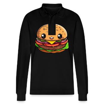 Lustiger Burger Comic - Stanley/Stella Unisex Bio-Langarm-Poloshirt Prepster - Schwarz - Vorne - Anna (173cm) & Nico (186cm)