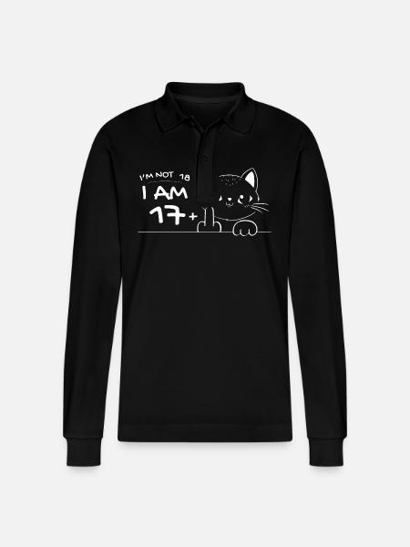 I'm Not 18, I Am 17 Plus 1 Middle Finger Cat Flip - Stanley/Stella Organic Unisex Long-Sleeved Polo Shirt Prepster - black