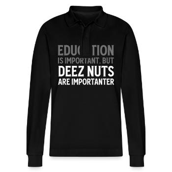 Sarkastisch Lustig Deez Nuts Hemd Nussliebhaber - Stanley/Stella Unisex Bio-Langarm-Poloshirt Prepster - Schwarz - Vorne - Anna (173cm) & Nico (186cm)