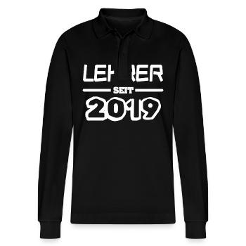 2019 - Stanley/Stella Organic Unisex Long-Sleeved Polo Shirt Prepster - black - Front - Anna (173cm) & Nico (186cm)