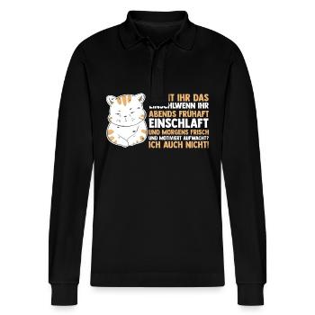Lazy Late Riser Motivation Cat - Stanley/Stella Organic Unisex Long-Sleeved Polo Shirt Prepster - black - Front - Anna (173cm) & Nico (186cm)