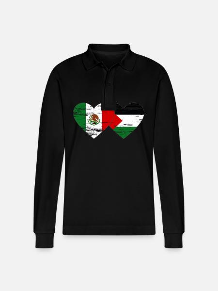 Mexico Palestine Flag Heart Used - Stanley/Stella Organic Unisex Long-Sleeved Polo Shirt Prepster - black
