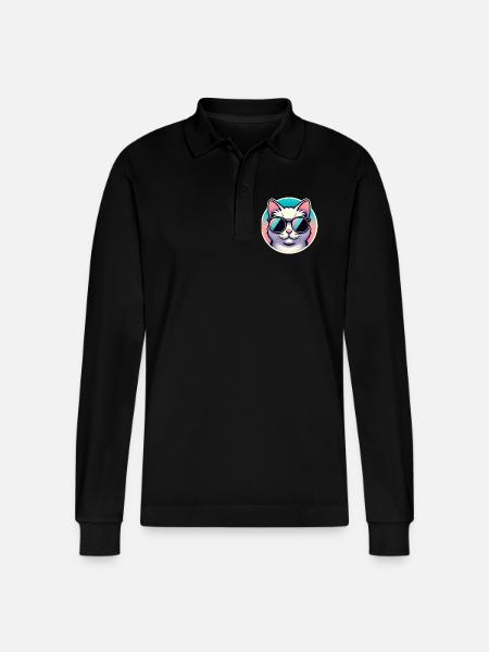 Cat with sunglasses in pastel - Stanley/Stella Organic Unisex Long-Sleeved Polo Shirt Prepster - black