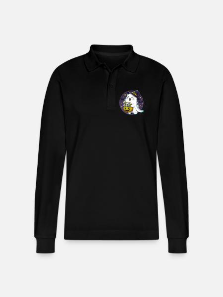 Whimsical Halloween Ghost with Candy Basket - Stanley/Stella Organic Unisex Long-Sleeved Polo Shirt Prepster - black
